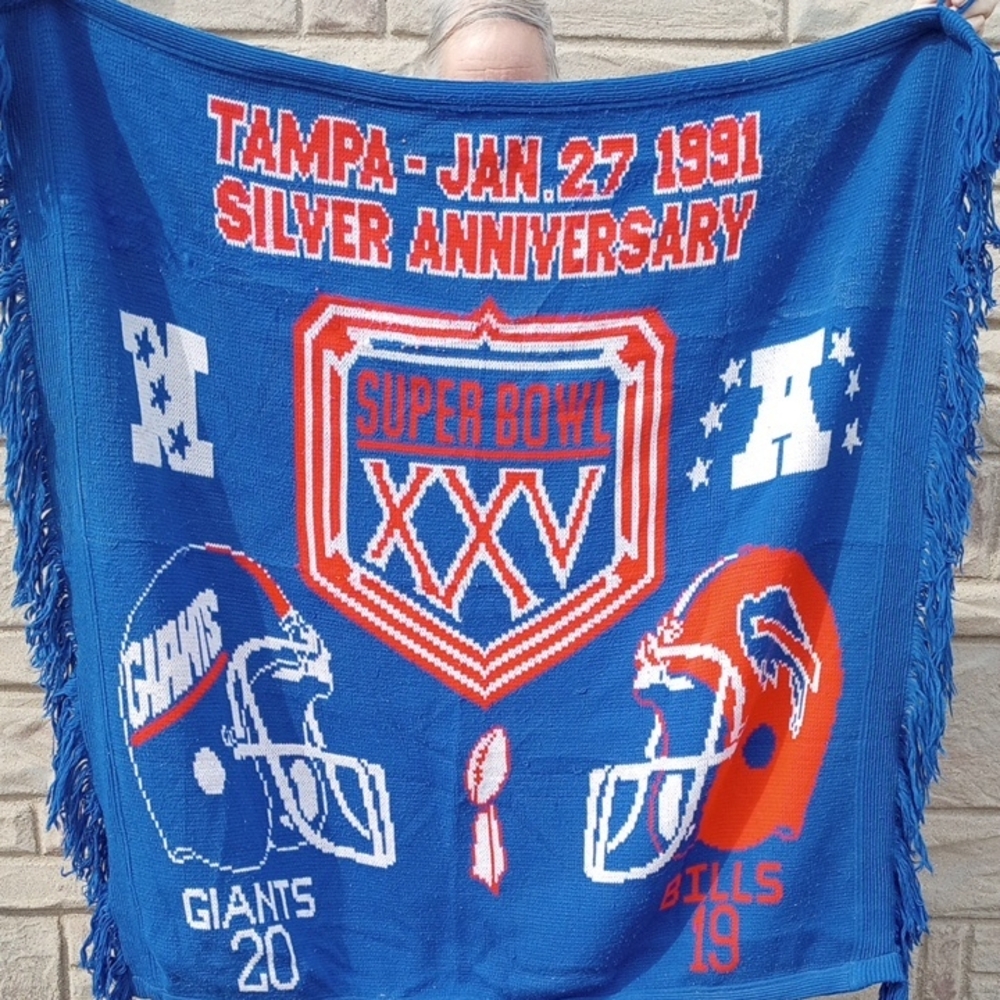 3 Strikes Super Bowl XXV Silver Anniversary Stadium Blanket. Giants & Bills